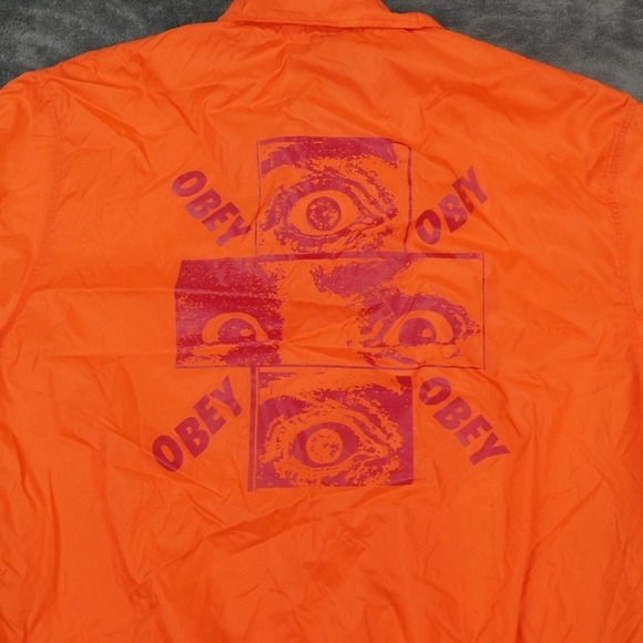 Obey Mens Coach Jacket Medium Orange Nylon‎ 2 sided Lined Lightweight Snap Front - Picture 12 of 15